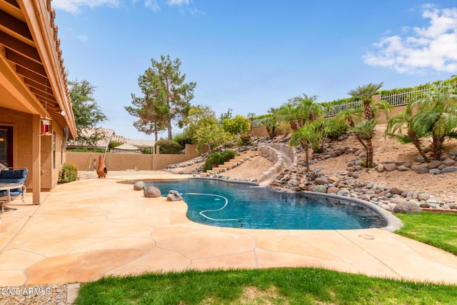 15430 N 19th Way, Phoenix, AZ 85022 - view of pool featuring a water slide, a fenced backyard, and a patio
