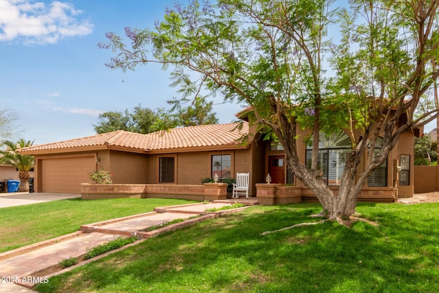 15430 N 19th Way, Phoenix, AZ 85022 - ranch-style house with stucco siding, an attached garage, driveway, a tile roof, and a front yard