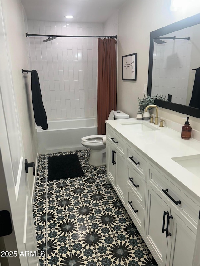 7802 E Hubbell St, Scottsdale, AZ 85257 - bathroom featuring toilet, double vanity, and shower / bath combo with shower curtain