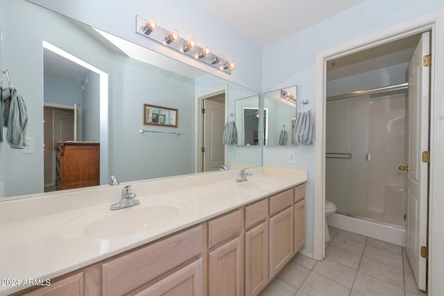 bathroom featuring walk in shower, tile floors, toilet, and double vanity