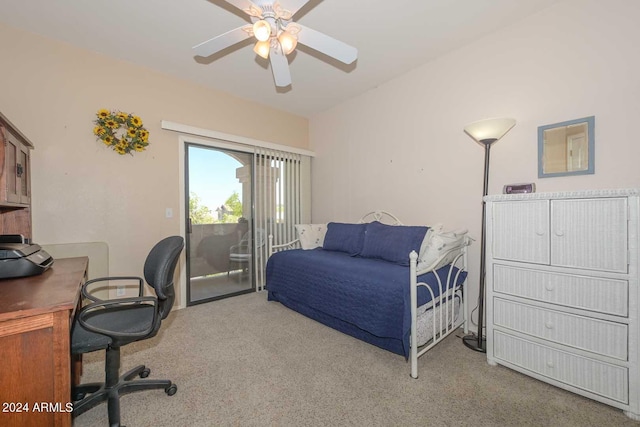 carpeted bedroom featuring ceiling fan and access to exterior