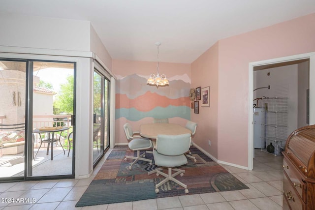 dining space featuring water heater, light tile floors, and an inviting chandelier