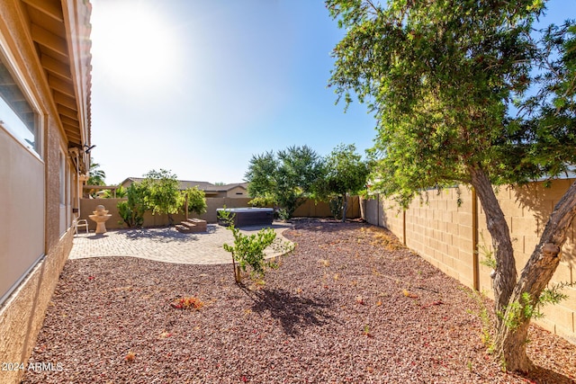 view of yard with a hot tub and a patio area