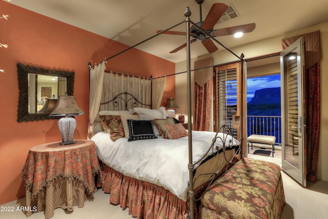 bedroom with carpet flooring, access to exterior, and ceiling fan