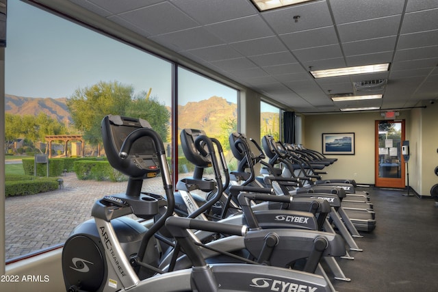 workout area featuring expansive windows, a mountain view, and a drop ceiling