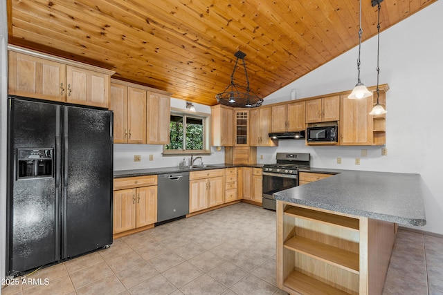 17620 Littlefield Pl, Munds Park, AZ 86017 - kitchen featuring black appliances, open shelves, extractor fan, dark countertops, and a peninsula