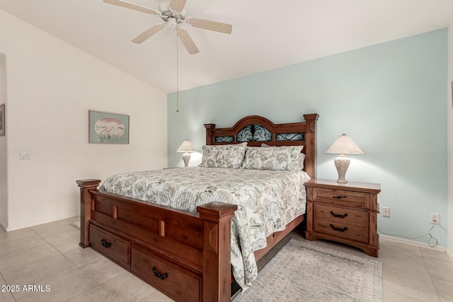 bedroom featuring light tile patterned floors, a ceiling fan, and vaulted ceiling