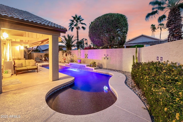 view of pool with a patio area, a fenced in pool, an outdoor hangout area, and a fenced backyard