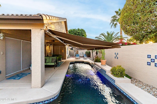 view of swimming pool featuring a fenced in pool, a patio, and a fenced backyard