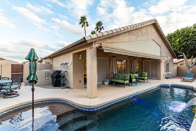 view of pool featuring a fenced in pool, an outdoor hangout area, a patio, and fence