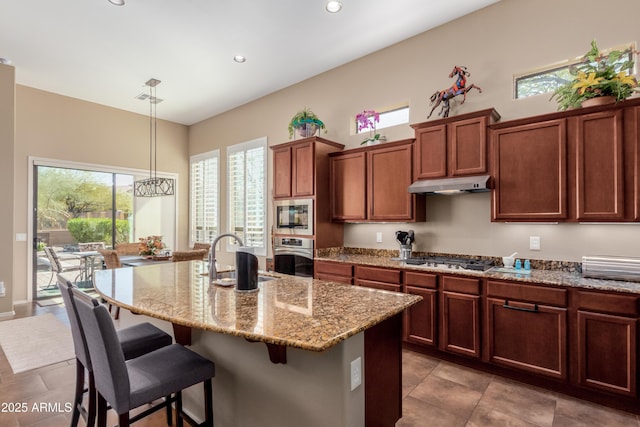 kitchen with an island with sink, stainless steel appliances, decorative light fixtures, light stone countertops, and sink