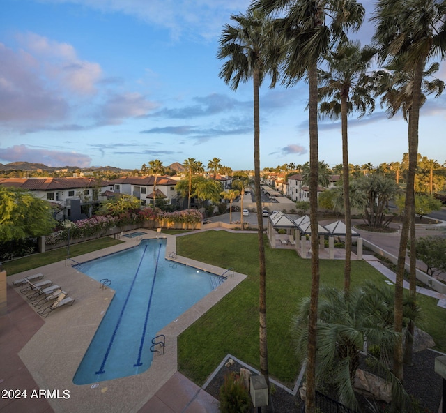 pool at dusk featuring a patio area and a lawn