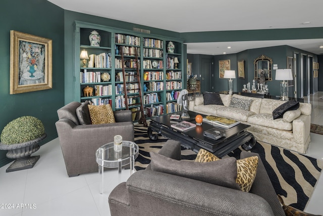 living room featuring light tile flooring