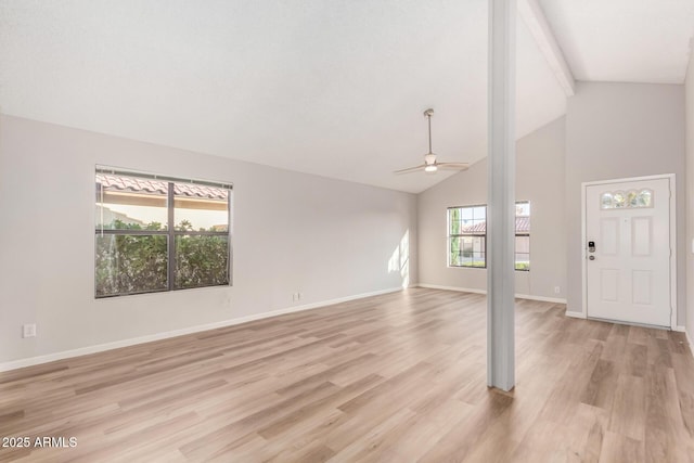 unfurnished living room with ceiling fan, beam ceiling, high vaulted ceiling, and light hardwood / wood-style flooring