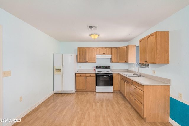 kitchen with light wood-type flooring, white appliances, and sink