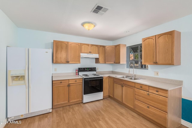 kitchen featuring sink, white appliances, and light hardwood / wood-style flooring