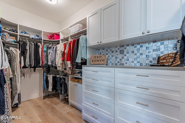 walk in closet with light hardwood / wood-style floors