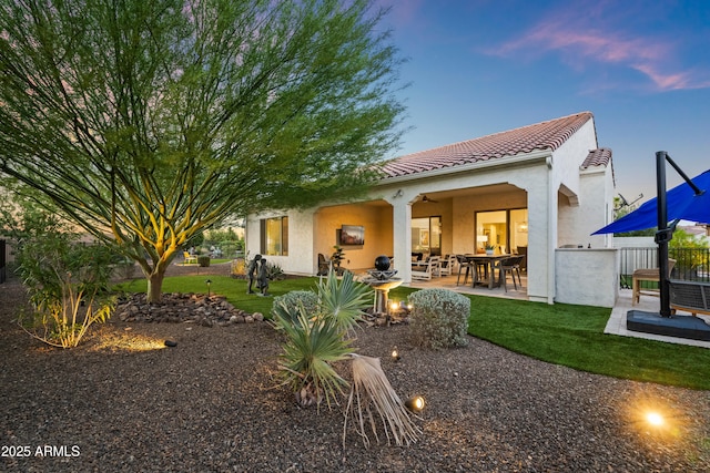 16987 W Princeton Ave, Goodyear, AZ 85395 - rear view of property with a patio, a tile roof, stucco siding, and a yard