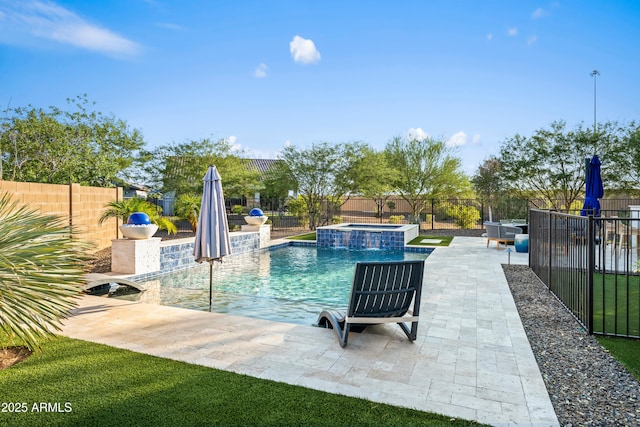 16987 W Princeton Ave, Goodyear, AZ 85395 - view of pool featuring a fenced backyard, a patio area, and a pool with connected hot tub