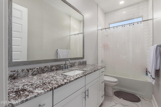 full bathroom with vanity, toilet, and shower / bath combo with shower curtain