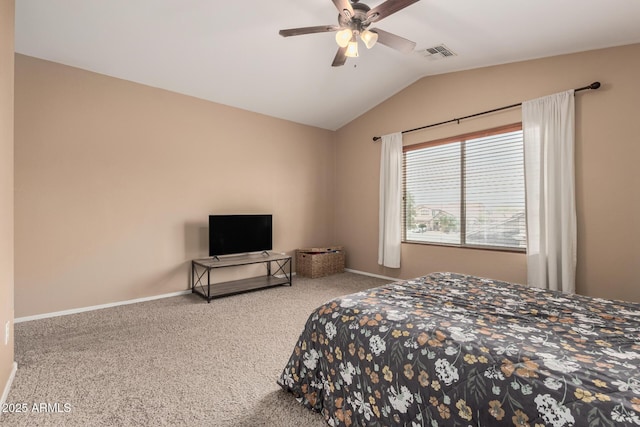 22337 E Via Del Palo, Queen Creek, AZ 85142 - bedroom with visible vents, baseboards, a ceiling fan, lofted ceiling, and carpet floors