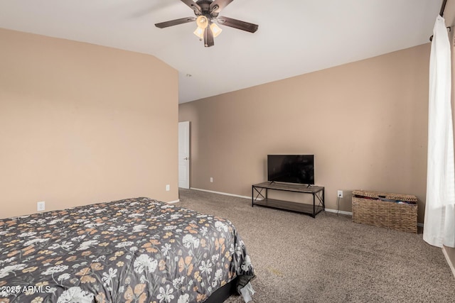 22337 E Via Del Palo, Queen Creek, AZ 85142 - carpeted bedroom featuring baseboards, vaulted ceiling, and ceiling fan