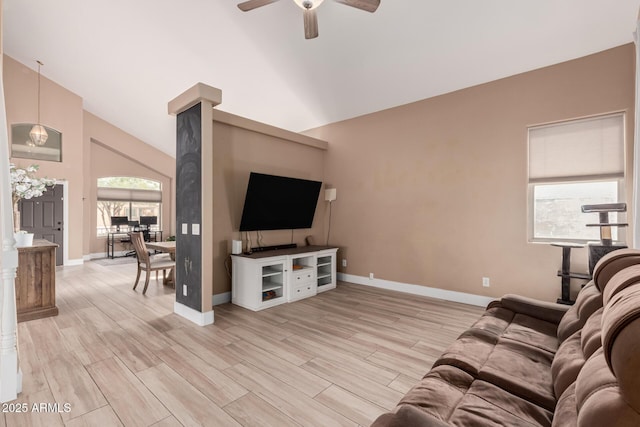 22337 E Via Del Palo, Queen Creek, AZ 85142 - living area featuring a ceiling fan, high vaulted ceiling, baseboards, and wood finished floors
