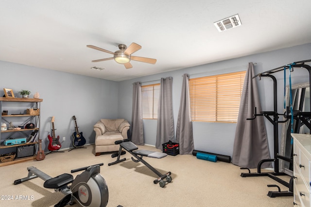 workout area featuring plenty of natural light, ceiling fan, and carpet