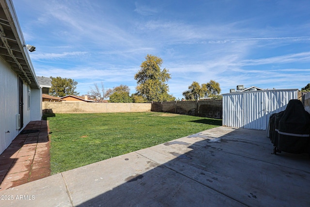 view of yard featuring a storage shed