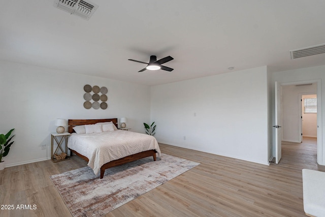 bedroom featuring light wood finished floors, visible vents, and baseboards