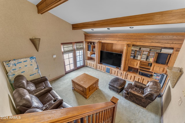 living room featuring carpet floors, lofted ceiling with beams, and baseboards