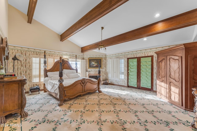 bedroom with light carpet, wallpapered walls, beamed ceiling, high vaulted ceiling, and recessed lighting