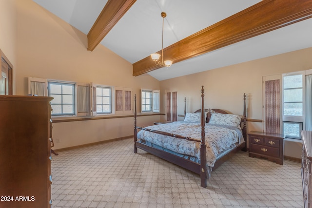 carpeted bedroom with high vaulted ceiling, baseboards, and beamed ceiling