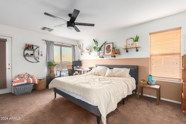 bedroom with ceiling fan, carpet, visible vents, and access to outside