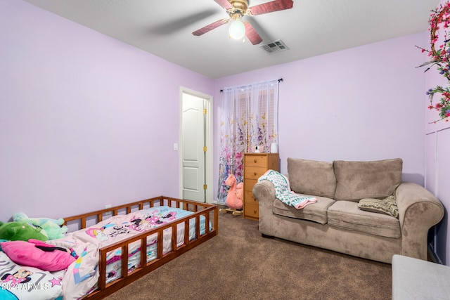 bedroom featuring carpet floors, ceiling fan, and visible vents