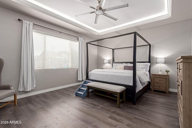 bedroom featuring a raised ceiling, dark hardwood / wood-style flooring, and ceiling fan