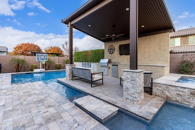 view of pool featuring ceiling fan, a grill, a patio area, area for grilling, and a bar