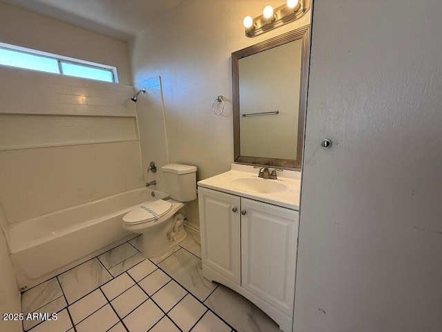 bathroom with tub / shower combination, toilet, and vanity