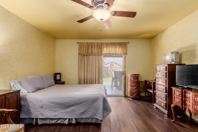 bedroom with access to outside, a ceiling fan, and wood finished floors