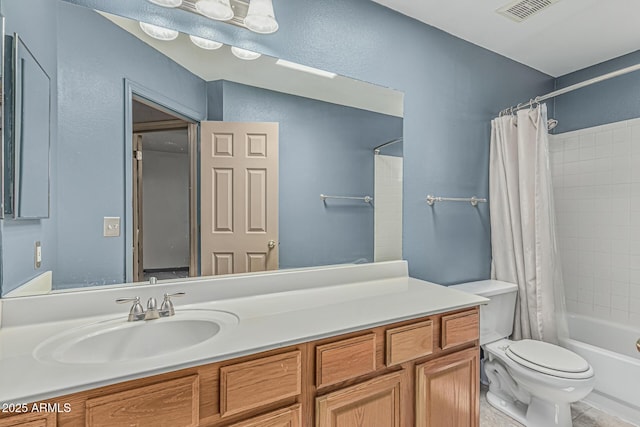full bathroom featuring toilet, visible vents, shower / bath combination with curtain, and vanity