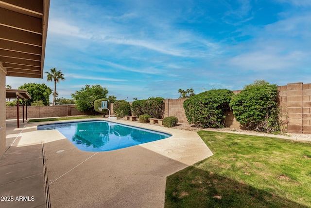 view of swimming pool featuring a fenced backyard, a fenced in pool, and a patio area