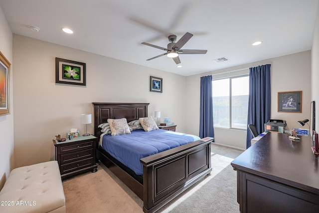 bedroom featuring a ceiling fan, light colored carpet, visible vents, and recessed lighting