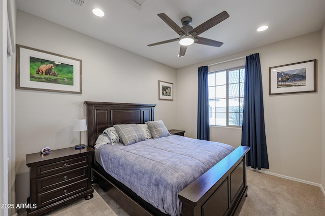 bedroom featuring light carpet, visible vents, baseboards, ceiling fan, and recessed lighting