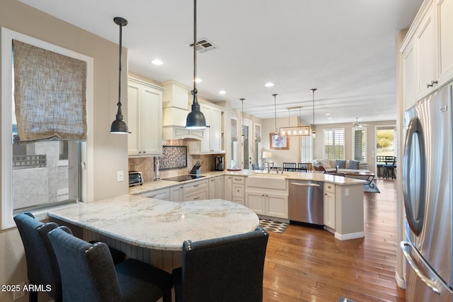 kitchen with a peninsula, light wood-type flooring, open floor plan, and stainless steel appliances