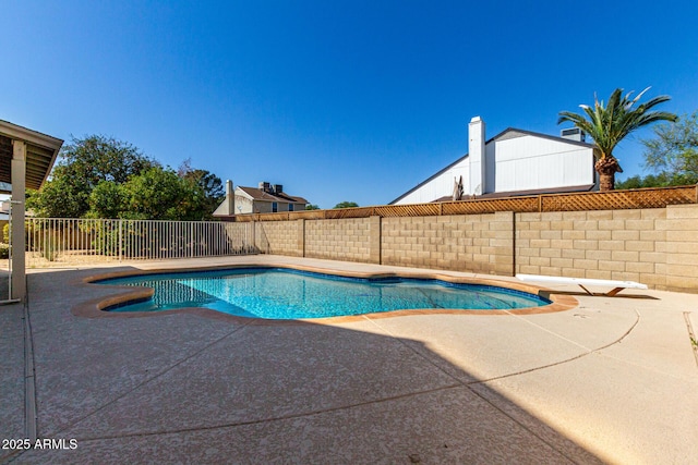 view of swimming pool featuring a patio, a diving board, a fenced backyard, and a fenced in pool