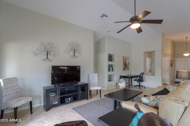 living room with light tile patterned flooring, ceiling fan, vaulted ceiling, and built in features