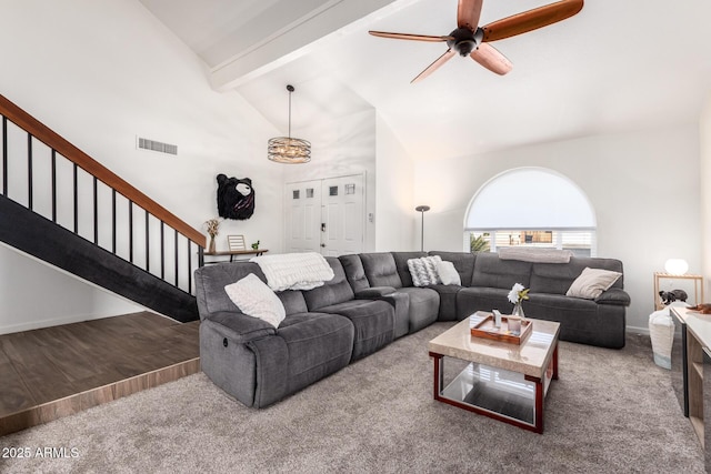 living room featuring ceiling fan, carpet floors, high vaulted ceiling, and beamed ceiling