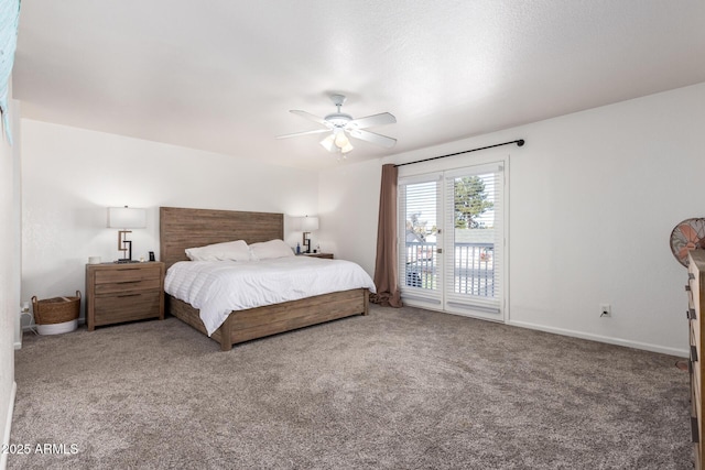 bedroom featuring access to outside, ceiling fan, and carpet flooring