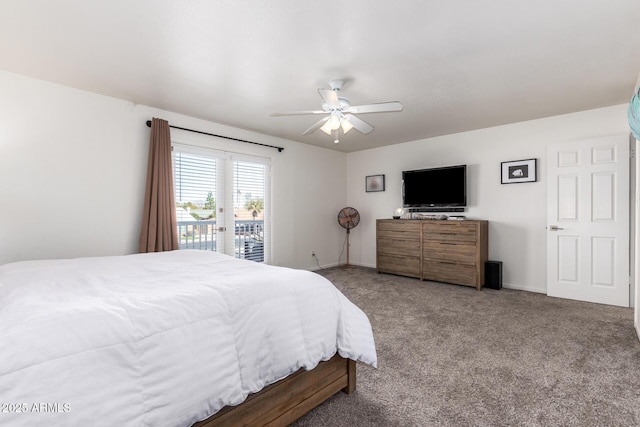 bedroom featuring access to exterior, carpet floors, and ceiling fan