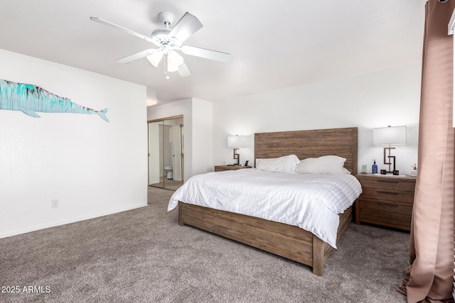 carpeted bedroom with ceiling fan and a closet